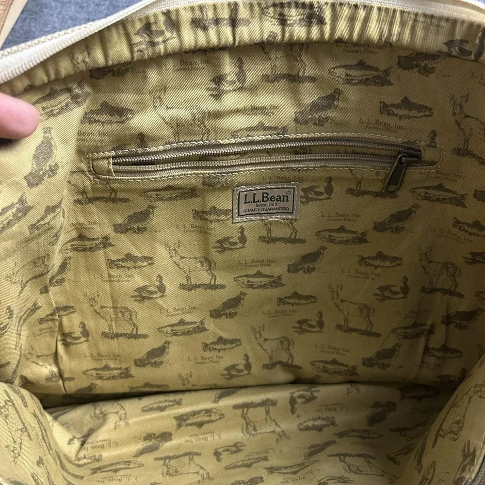LL Bean Beige 23in Canvas Mens Tote Bag Leather Trim Travel Weekend Work